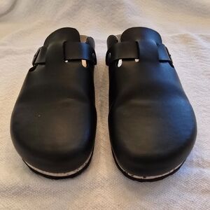 Sanita Black Leather Mules with Silver Buckle Size 38 EUC